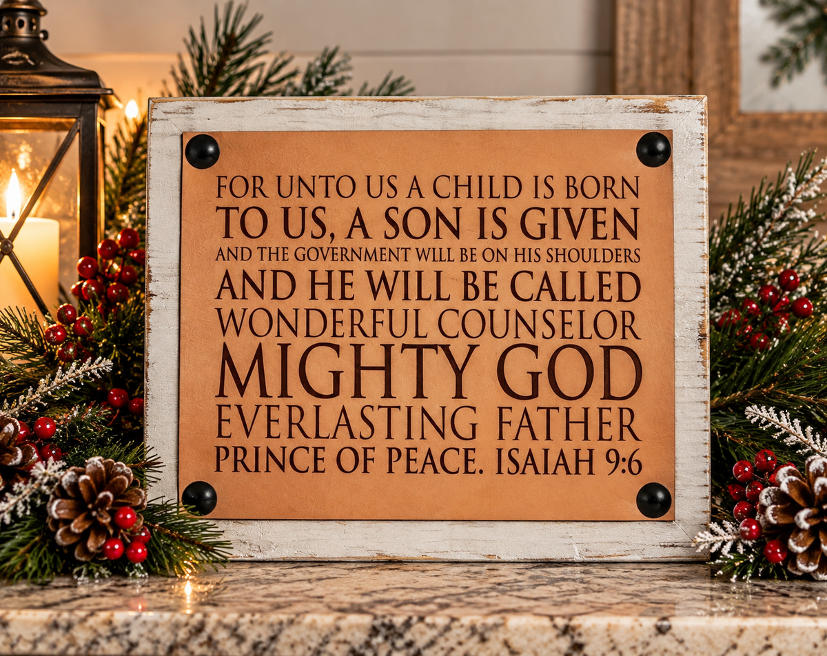 "For Unto Us a Child is Born" Leather Block Sign