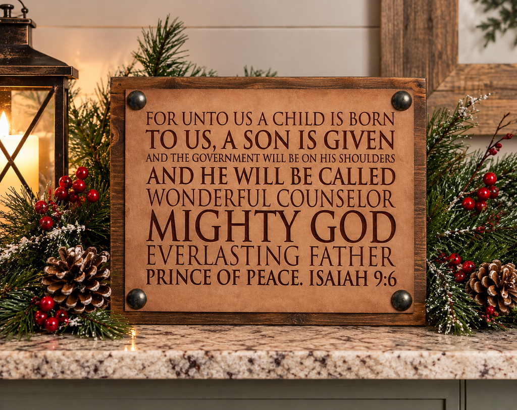 "For Unto Us a Child is Born" Leather Block Sign