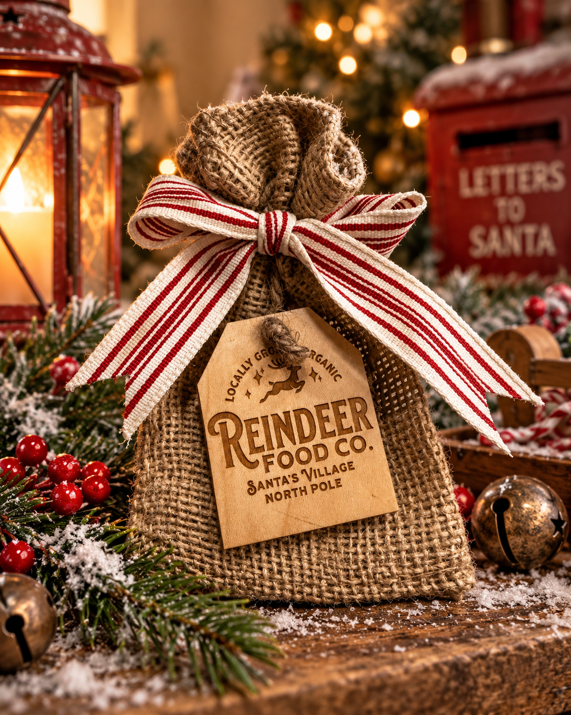 Reindeer Food Burlap Sack with Wooden Tag & Bow
